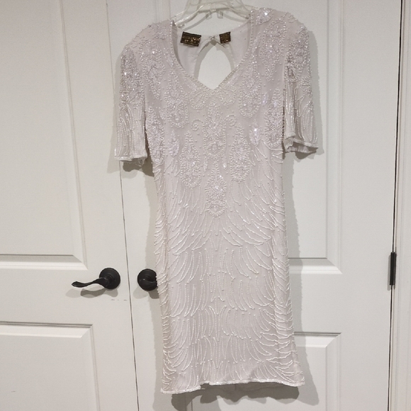 Chic White Beaded Mini Dress - Picture 1 of 10